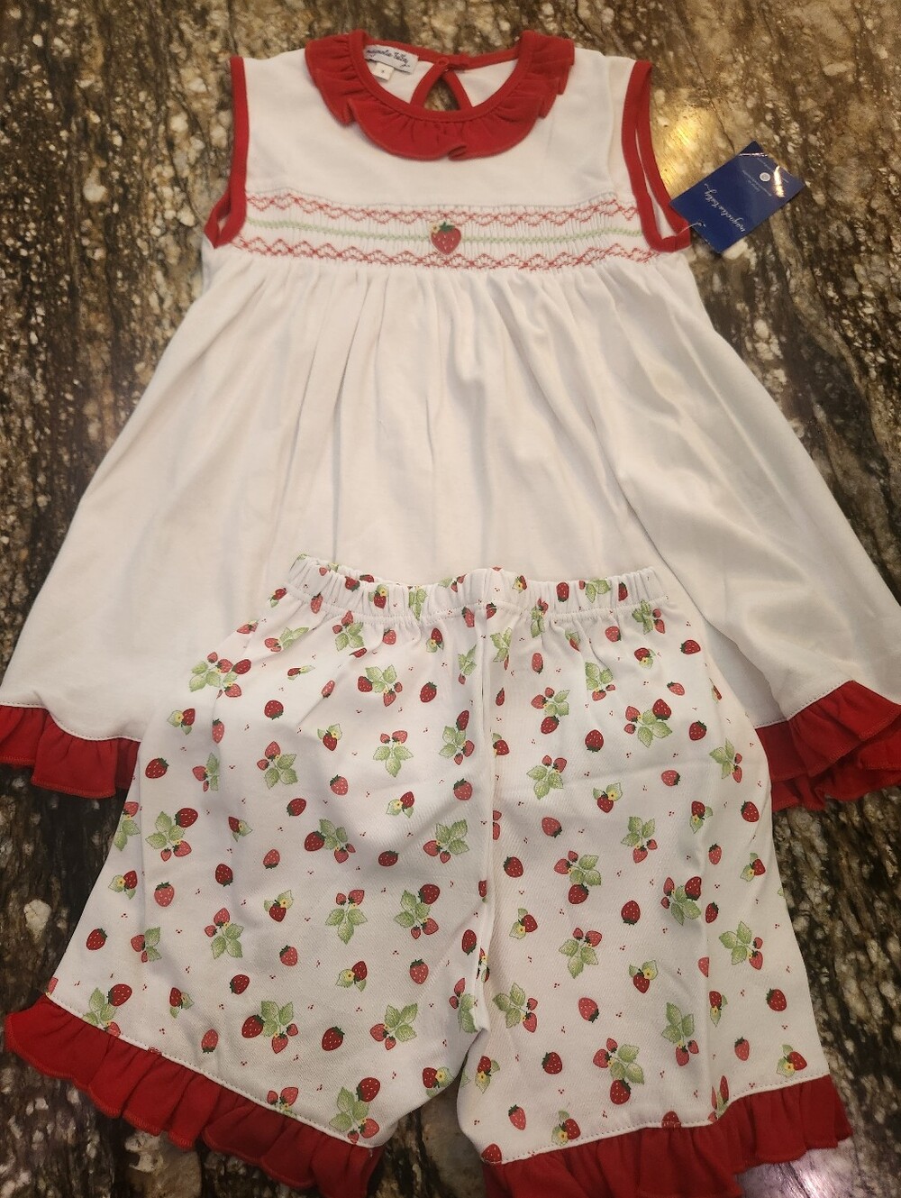 White & Red Strawberry Girls' Matching Set - Classic Smocked Top & Shorts